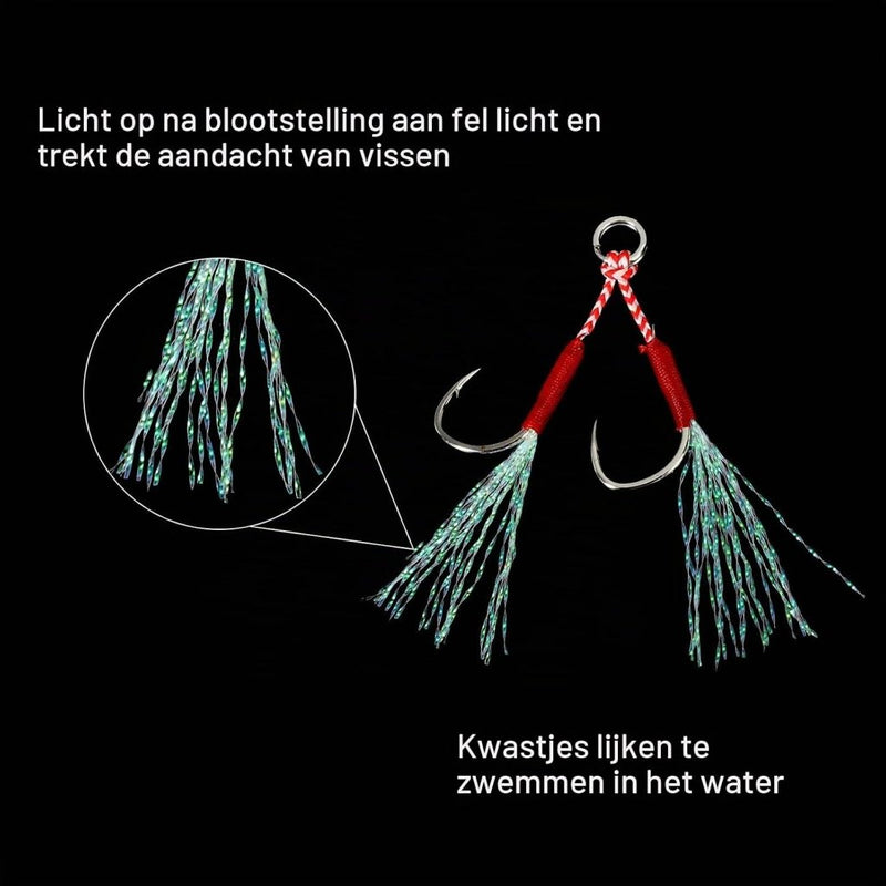 Load image into Gallery viewer, Dubbele assist vishaken 5 stuks maat 13 met glow draad – jigging haken – visaccessoires - happygetfit.com
