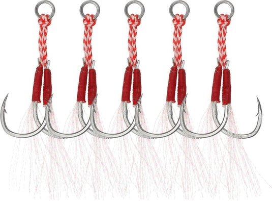 Dubbele assist vishaken 5 stuks maat 13 met glow draad – jigging haken – visaccessoires - happygetfit.com