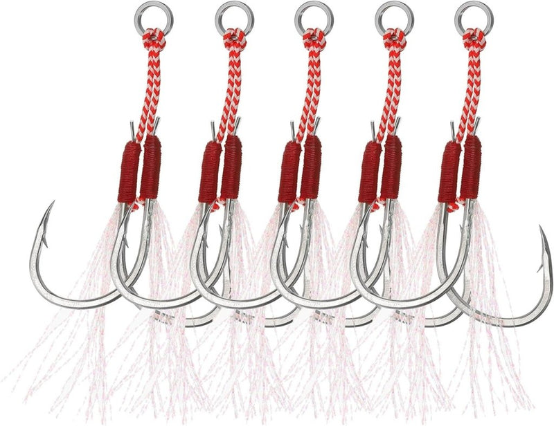 Load image into Gallery viewer, Dubbele assist vishaken 5 stuks maat 13 met glow draad – jigging haken – visaccessoires - happygetfit.com
