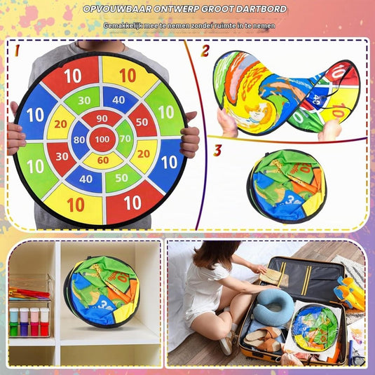 Dubbelzijdig kinderdartbord 72 cm met 18 kleefballen en 12 veilige dartpijlen – klittenbandspel – werpspeelgoed - happygetfit.com