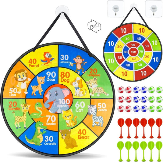 Dubbelzijdig kinderdartbord 72 cm met 18 kleefballen en 12 veilige dartpijlen – klittenbandspel – werpspeelgoed - happygetfit.com