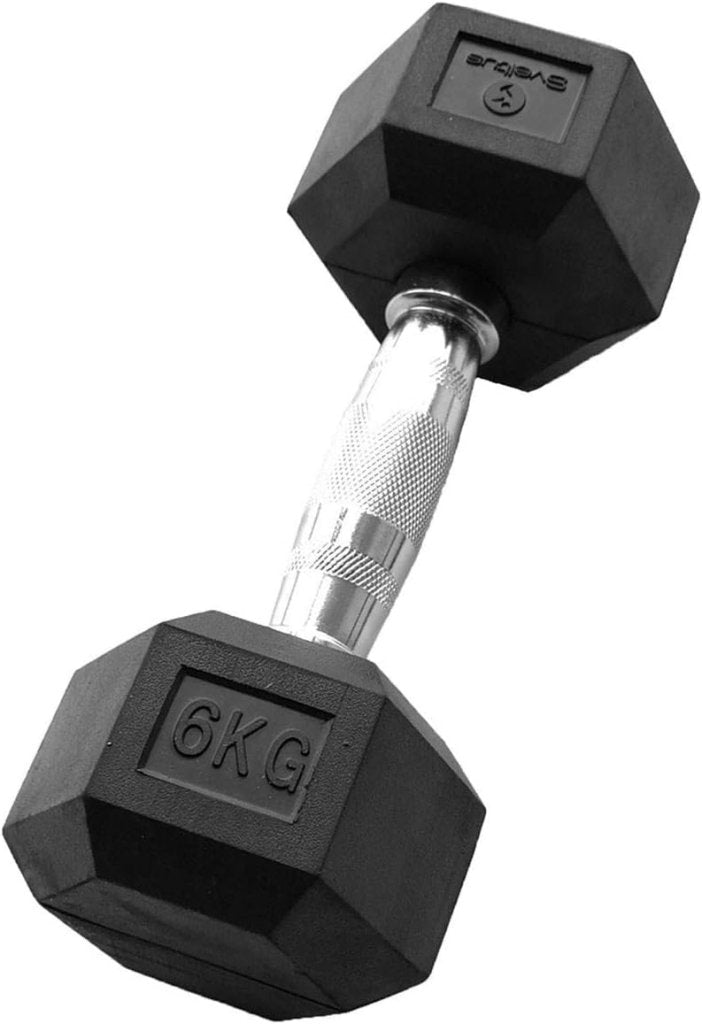 Laad afbeelding in Galerijviewer, De Ultieme zeshoekige halter van 6 kg heeft een metalen handvat en zwarte, duurzame rubberen uiteinden met een ergonomisch ontwerp voor optimaal comfort en grip, perfect voor intensieve trainingen.
