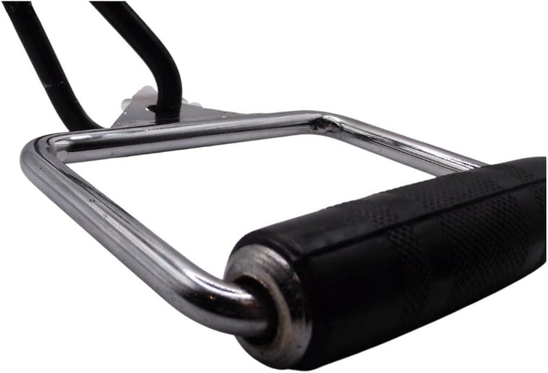 Laad afbeelding in Galerijviewer, De Stijgbeugel D-vorm handgreep, met een metalen handvat met een zwarte rubberen grip bevestigd aan een V-vormig metalen frame, is perfect als multifunctioneel fitnessaccessoire voor kabelmachines en multigyms.

