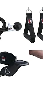 Laad afbeelding in Galerijviewer, Tegen een ongerepte witte achtergrond worden zwarte fitnessaccessoires zoals de multifunctioneel fitnessaccessoire en de Stijgbeugel D-vorm handgreep getoond. Perfect voor kabelmachines en multigymsessies, ze zijn ontworpen om uw workoutervaring te verbeteren.

