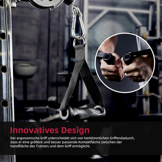 Close-up van het handvat van een sportschoolmachine en een persoon die het vasthoudt. Bijschrift: "Innovatief ontwerp." De Duitse tekst benadrukt de rol van de Ergonomische trainingshandgreep bij het vergroten van de veiligheid tijdens krachttraining. Product: Ergonomische trainingshandgreep – Jouw ideale workoutpartner!.
