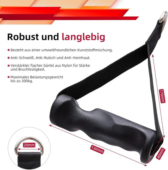 De Ergonomische trainingshandgreep – Jouw ideale workout partner! heeft een zwarte grip, nylon band en metalen ring. Het bevat Duitse tekst die de duurzaamheid en het antislipontwerp voor krachttraining benadrukt, ondersteunt tot 300 kg. Afmetingen: grip 130 mm, band 20 mm.