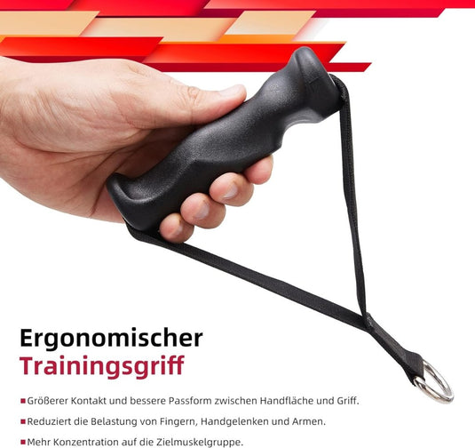 Een hand houdt de Ergonomische trainingshandgreep – Jouw ideale workout partner! vast in het zwart, compleet met een band en metalen ring, tegen een opvallende rood-witte grafische achtergrond met Duitse tekst die de voordelen van krachttraining benadrukt.