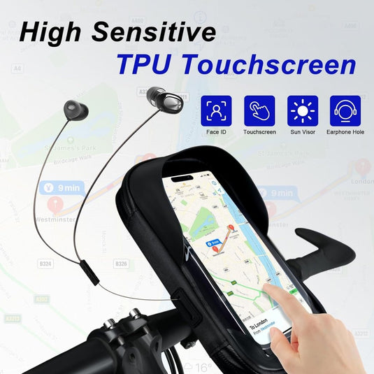 Fiets stuurtas met 360 graden draaibare telefoonhouder en touchscreen voor smartphones tot 6,4 inch – fietstelefoonhoes – navigatiehouder - happygetfit.com