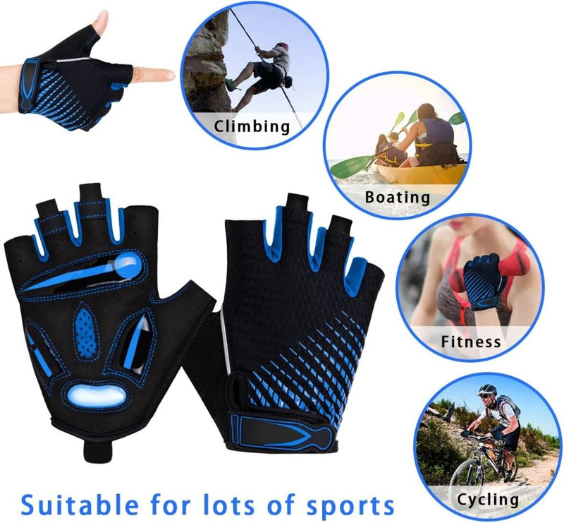 Laad afbeelding in Galerijviewer, Afbeeldingen van zwarte en blauwe vingerloze handschoenen in cirkels met de labels klimmen, varen, fitness en fietsen vergezellen de tekst &quot;Geschikt voor veel sporten&quot;. Deze handschoenen zijn voorzien van de aanduiding &quot;Comfortabele en schokabsorberende fietshandschoenen voor elke rit&quot; en hebben een antislip-ontwerp voor superieure grip.
