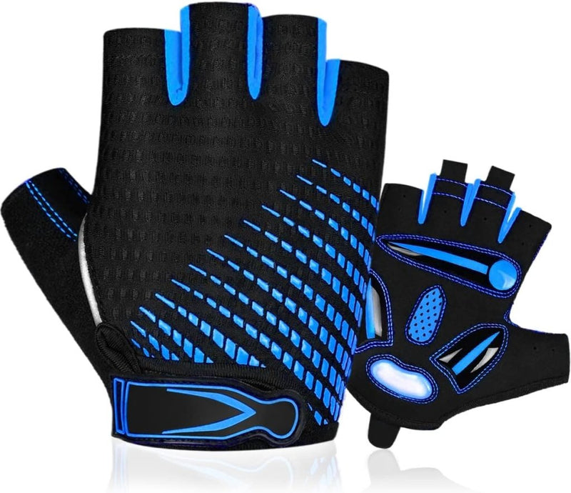 Laad afbeelding in Galerijviewer, De &quot;Comfortabele en schokabsorberende fietshandschoenen voor elke rit&quot; zijn vingerloze zwarte sporthandschoenen met blauwe accenten, voorzien van ademend mesh, verstelbare bandjes en schokabsorberende gelvulling voor extra comfort.
