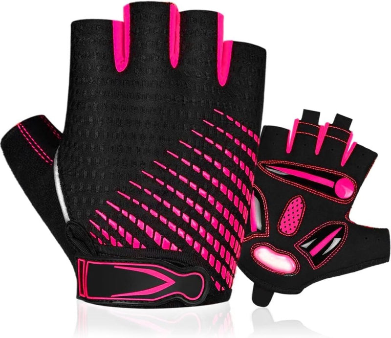 Laad afbeelding in Galerijviewer, Zwart en roze vingerloze fietshandschoenen met schokbestendige gelvulling, ademende stof, handpalm- en rugaanzicht. Product: Comfortabele en schokabsorberende fietshandschoenen voor elke rit.
