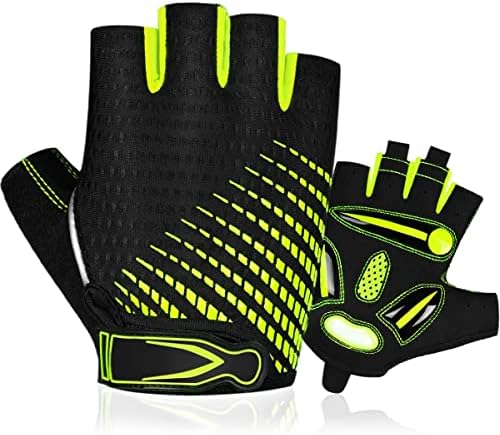 Laad afbeelding in Galerijviewer, Deze zwarte vingerloze handschoenen, met neongroene accenten, gewatteerde handpalmen en schokbestendige gelvulling, zijn de &quot;Comfortabele en schokabsorberende fietshandschoenen voor elke rit&quot;, die verbeterde grip en comfort bieden tijdens elke rit.
