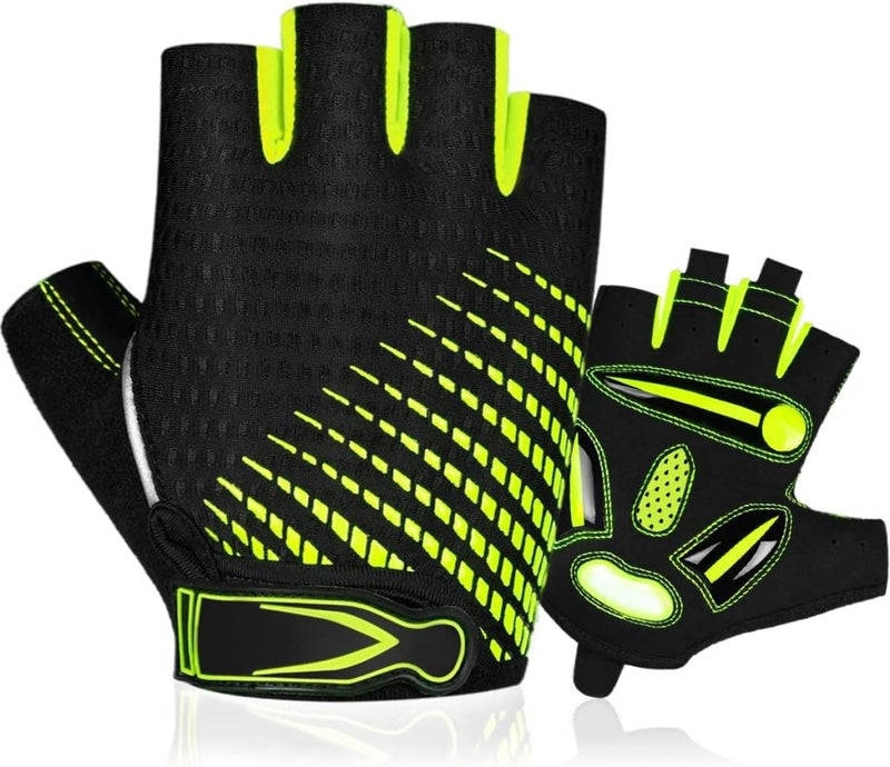 Laad afbeelding in Galerijviewer, Comfortabele en schokabsorberende fietshandschoenen voor elke rit in zwart en neon groen, met geprofileerde grip, antislip ontwerp en verstelbare polsbandjes, getoond van voor- en achterkant.
