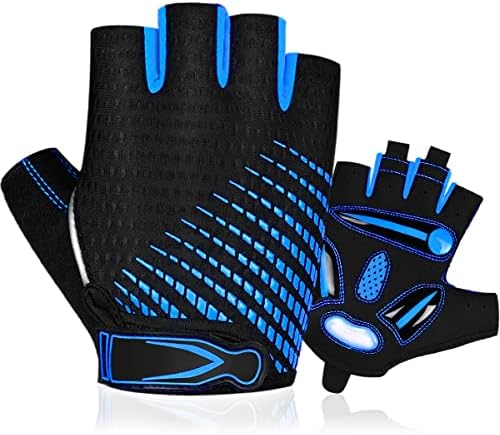 Laad afbeelding in Galerijviewer, Deze vingerloze zwarte handschoenen met blauwe accenten bieden gevoerde handpalmen, verstelbare polsbanden, een antislip ontwerp en schokbestendige gelvulling. Bekend als &quot;Comfortabele en schokabsorberende fietshandschoenen voor elke rit,&quot; zorgen ze voor een veilige pasvorm voor comfort en veiligheid op elke rit.

