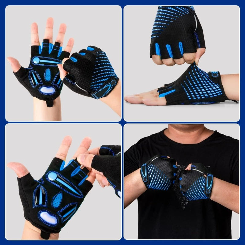 Laad afbeelding in Galerijviewer, Een collage toont handen die vingerloze zwarte handschoenen met blauwe accenten dragen, waarbij het antislipontwerp en de textuur van Comfortabele en schokabsorberende fietshandschoenen voor elke rit worden getoond, waardoor het comfort wordt vergroot.
