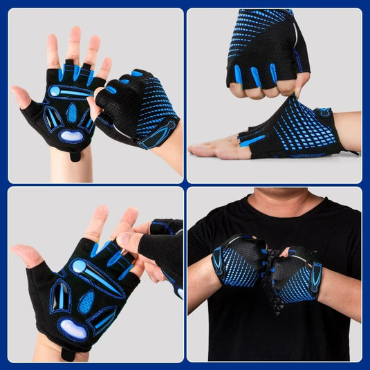 Een collage toont handen die vingerloze zwarte handschoenen met blauwe accenten dragen, waarbij het antislipontwerp en de textuur van Comfortabele en schokabsorberende fietshandschoenen voor elke rit worden getoond, waardoor het comfort wordt vergroot.