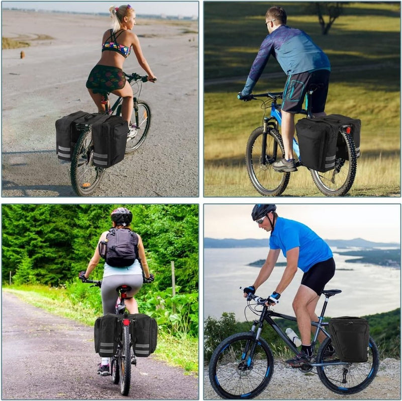 Load image into Gallery viewer, Vier fietsers rijden over verschillende paden - een strand, veld, bos en rivieroever - met fietsen die zijn uitgerust met Fietstassen 28L-achtertassen met reflecterende details.
