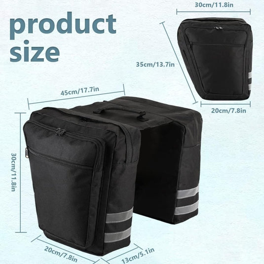 Zwarte fietstas met reflecterende details, inclusief twee grote tassen van 45 x 35 x 20 cm en ruime compartimenten. Een "Fietstassen 28L" waterdichte fietstas voor ritten onder alle weersomstandigheden, die comfort en veiligheid biedt voor racefietsen en mountainbikes.