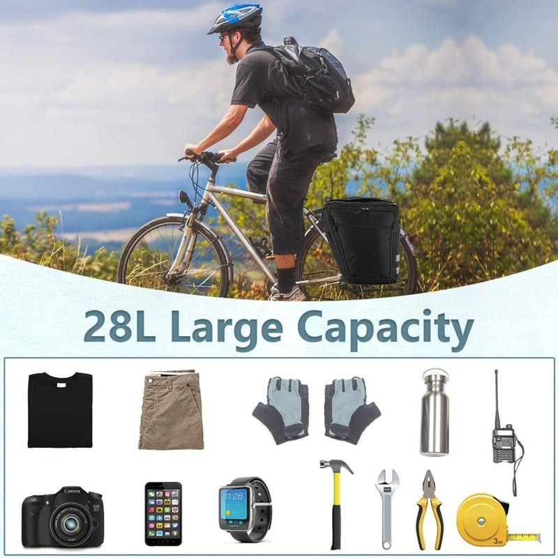 Load image into Gallery viewer, Een persoon fietst met een rugzak op een parcours, boven een display van de Fietstassen 28L - Waterdichte fietszadeltas voor fietsendragers, met ruime compartimenten voor essentiële zaken zoals camera, gereedschap, smartwatch en smartphone. Reflecterende details verhogen de veiligheid tijdens de rit.
