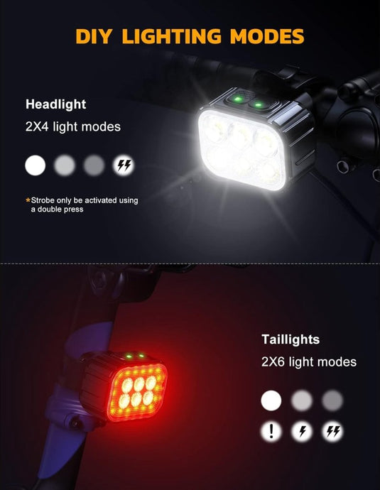 De afbeelding toont twee fietslampen: een koplamp met 2x4 standen en een achterlicht met 2x6 standen, met dubbele flitser. Geniet onderweg van "Heldere oplaadbare fietsverlichting voor veiligheid in donkere omstandigheden" met USB-opladen voor gemak.