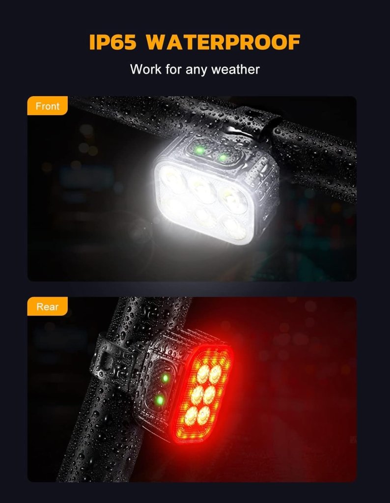 Laad afbeelding in Galerijviewer, Voor- en achteraanzicht van de Heldere oplaadbare fietsverlichting voor veiligheid in donkere omstandigheden. De voorkant straalt wit licht uit, de achterkant rood, en beide hebben een USB-oplaadoptie. Getoond op een nat oppervlak, zorgt de IP65 waterdichte behuizing voor betrouwbaarheid onder alle weersomstandigheden.
