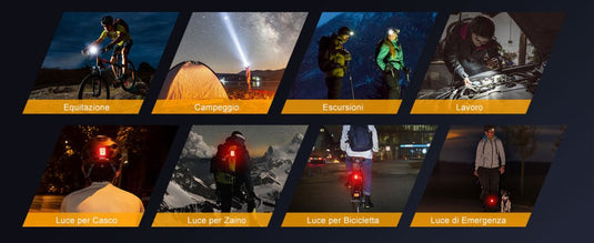 Een collage van acht afbeeldingen toont mensen die de "Heldere oplaadbare fietsverlichting" gebruiken voor activiteiten zoals paardrijden, kamperen en wandelen. Met USB-oplaadopties zorgt het voor betrouwbare verlichting voor zowel fietsverlichting als noodgevallen.