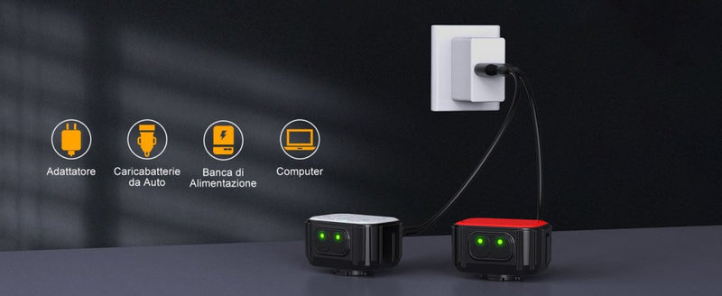 Laad afbeelding in Galerijviewer, Twee &quot;Heldere oplaadbare fietsverlichting voor veiligheid in donkere omstandigheden&quot; zijn met een kabel op een stopcontact aangesloten, met daarboven iconen voor een adapter, autolader, powerbank en computer om de USB-oplaadoptie voor flexibele oplaadmogelijkheden te benadrukken.
