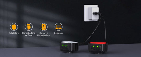 Twee "Heldere oplaadbare fietsverlichting voor veiligheid in donkere omstandigheden" zijn met een kabel op een stopcontact aangesloten, met daarboven iconen voor een adapter, autolader, powerbank en computer om de USB-oplaadoptie voor flexibele oplaadmogelijkheden te benadrukken.