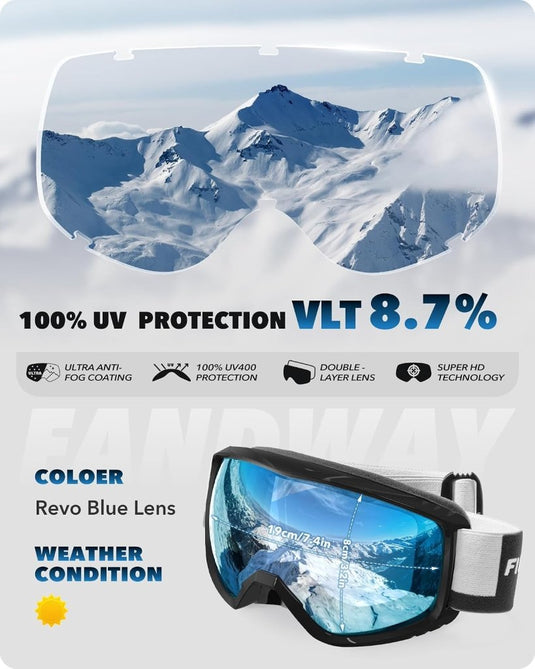Findway Skibril,Skibrillen Dames Heren Volwassenen voor Brildragers OTG,UV Bescherming Anti Mist Ski Goggles Bolvormige Spiegel - happygetfit.com