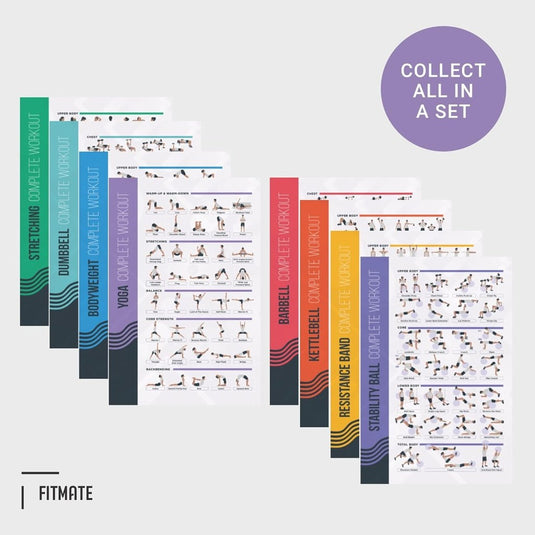 FitMate 8 Pack Workout Oefening Poster Bundel - Halter, Barbell, Lichaamsgewicht, Yoga, Stretching, Stabiliteit Bal, Weerstandsbanden, Kettlebell | Home Gym Decor, Kamer Guide (42 x 63 cm) - happygetfit.com