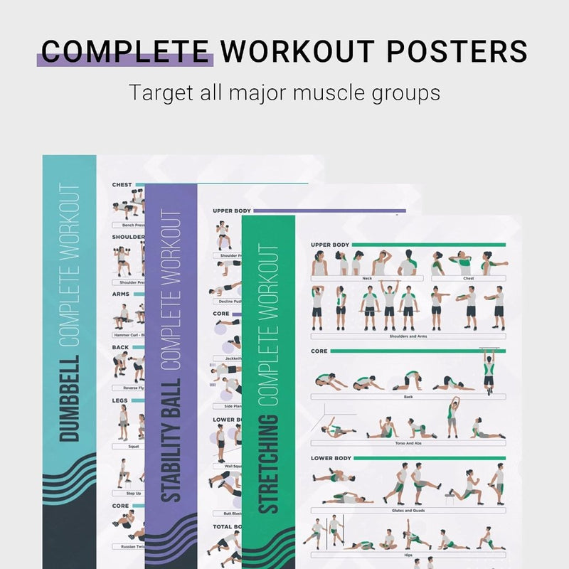 Load image into Gallery viewer, FitMate 8 Pack Workout Oefening Poster Bundel - Halter, Barbell, Lichaamsgewicht, Yoga, Stretching, Stabiliteit Bal, Weerstandsbanden, Kettlebell | Home Gym Decor, Kamer Guide (42 x 63 cm) - happygetfit.com
