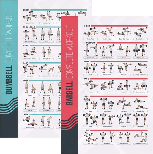 FitMate halter- en halterstang-trainingsposter, set van 2, trainingsroutine met vrije gewichten, decoratie voor sportruimte thuis, referentiegids (51 x 76 cm) - happygetfit.com