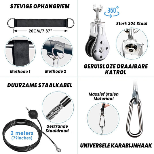 Fitness kabelsysteem 3-in-1 met dubbele katrollen en 130 kg draagvermogen – pulley systeem – krachttraining - happygetfit.com
