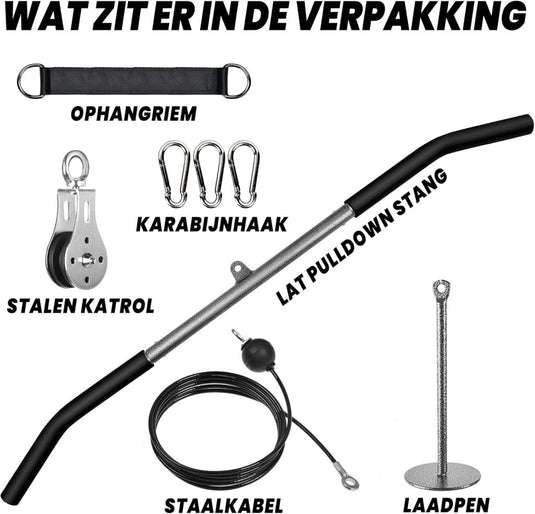 Fitness kabelsysteem met 100 cm latstang en katrol voor thuis krachttraining – rugspiertraining – pulley accessoires - happygetfit.com