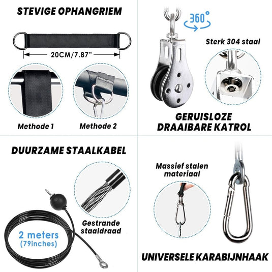 Fitness kabelsysteem met katrol, rechte stang en tricepskoord voor krachttraining – kabelmachine – pulley training - happygetfit.com