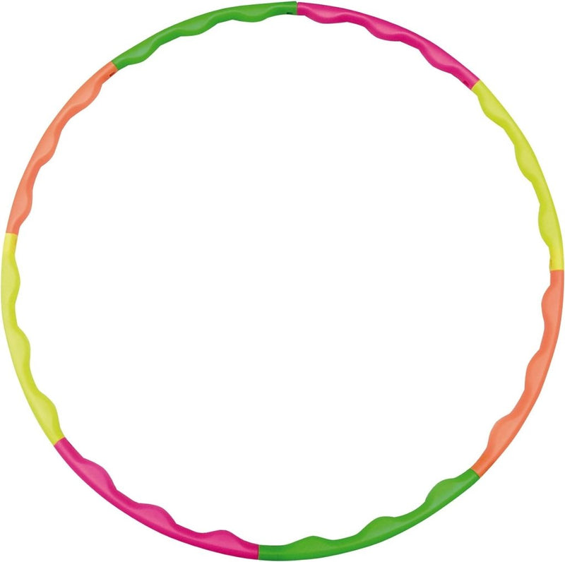 Laad afbeelding in Galerijviewer, Het product &quot;Ontdek de meerkleurige fitness hoepel&quot; is ideaal voor een work-out en bestaat uit afwisselend roze, groene, oranje en gele segmenten met een golvende textuur.

