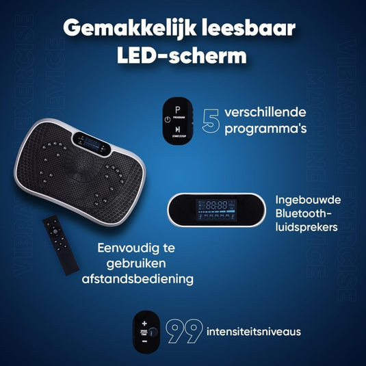 Effectieve fitness trilplaat voor thuis met LED-scherm, 5 programma's, echte Bluetooth-speakers, afstandsbediening en 99 krachtige niveaus. Ideaal voor spieranmaak en vetverbranding.