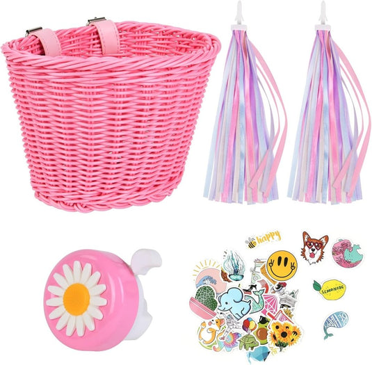 Flintronic Kinderfietsmand, handgeweven fietsmand voor kinderen, fietsmand voor meisjes, jongens, kinderen, met fietsaccessoires - happygetfit.com
