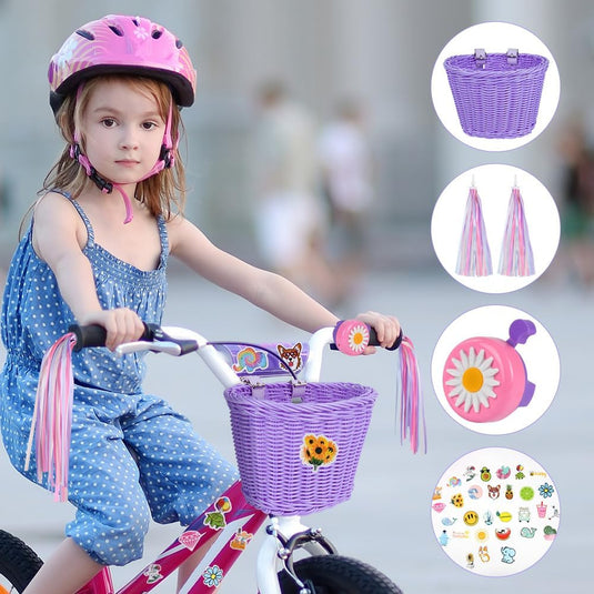 Flintronic Kinderfietsmand, handgeweven fietsmand voor kinderen, fietsmand voor meisjes, jongens, kinderen, met fietsaccessoires - happygetfit.com