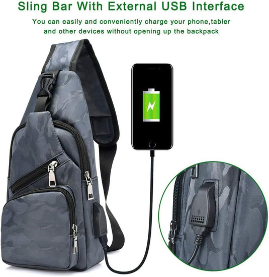flintronic Sling Bag met USB-Oplading, Borsttas met Verstelbare Riem, Multi-Pocket Crossbody Borst Tas, Wandelen Casual Outdoor Borstzak voor Heren - happygetfit.com