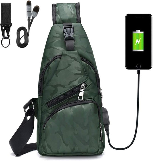 flintronic Sling Bag met USB-Oplading, Borsttas met Verstelbare Riem, Multi-Pocket Crossbody Borst Tas, Wandelen Casual Outdoor Borstzak voor Heren - happygetfit.com