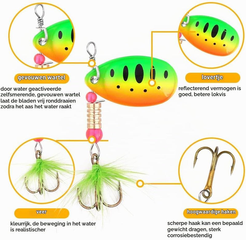 Laad afbeelding in Galerijviewer, Forelspinners 16 stuks 5,8 tot 6,6 cm van messing met roterende bladen en dreggen – spinkunstaas – roofvisserij - happygetfit.com
