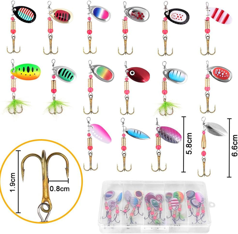 Laad afbeelding in Galerijviewer, Forelspinners 16 stuks 5,8 tot 6,6 cm van messing met roterende bladen en dreggen – spinkunstaas – roofvisserij - happygetfit.com
