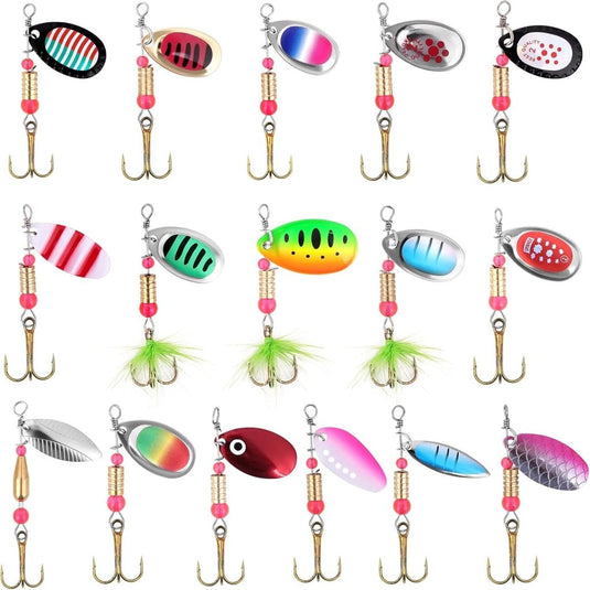 Forelspinners 16 stuks 5,8 tot 6,6 cm van messing met roterende bladen en dreggen – spinkunstaas – roofvisserij - happygetfit.com