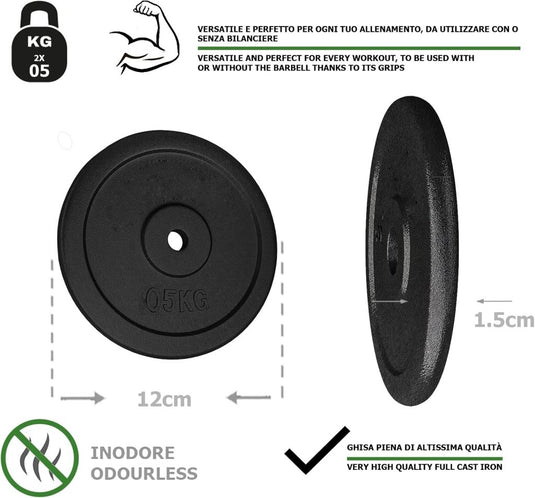 G5 HT SPORT Halterschijven van gietijzer, gatdiameter: 25 mm, voor sportschool en thuisgymnastiek, 0,5 tot 20 kg, voor halters en lange halters - happygetfit.com