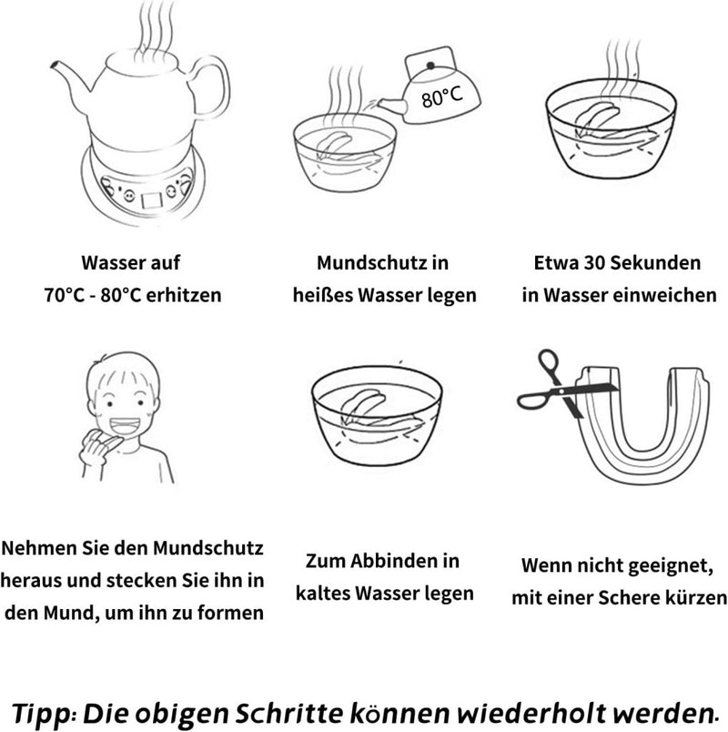 Laad afbeelding in Galerijviewer, Om beschermers te vormen: verwarm water tot 70°C-80°C, dompel het gedurende 30 seconden onder, vorm het in de mond, koel af in water en trim indien nodig. Ideaal voor vechtsporten. Herhaal indien nodig. Duitse tekst inbegrepen. Product: Bescherm je gebit met onze gebitsbeschermers voor vechtsporten!.
