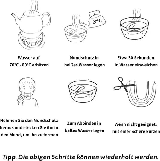 Om beschermers te vormen: verwarm water tot 70°C-80°C, dompel het gedurende 30 seconden onder, vorm het in de mond, koel af in water en trim indien nodig. Ideaal voor vechtsporten. Herhaal indien nodig. Duitse tekst inbegrepen. Product: Bescherm je gebit met onze gebitsbeschermers voor vechtsporten!.