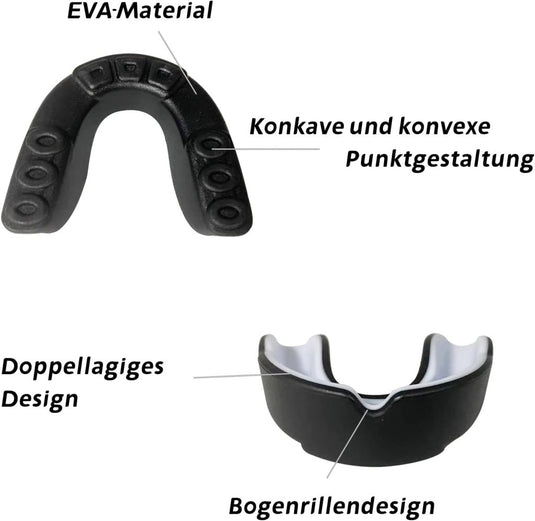 Ons "Bescherm je gebit met onze gebitsbeschermers voor vechtsporten!" is een zwarte gebitsbeschermer gemaakt van EVA-materiaal, met een concaaf-convex bovenontwerp en een dubbellaags booggroefontwerp aan de zijkant, een ideale keuze voor atleten.
