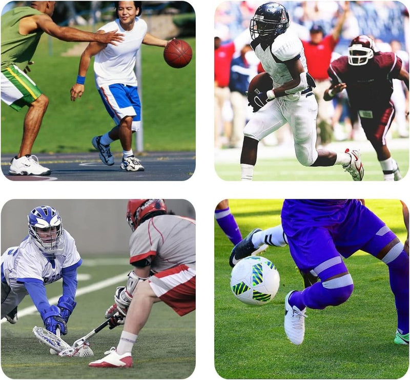 Laad afbeelding in Galerijviewer, Een collage van vier sportscènes (basketbal, een voetballoper, lacrosse-face-off en voetbalactie) met choreografieën als &#39;Bescherm je gebit met onze gebitsbeschermers voor vechtsporten!.
