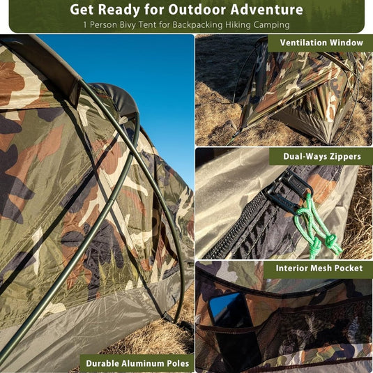 GEERTOP Ultralight Single Person Bivy Tent for Camp Waterproof 1 Man Tent for Camping Hiking Backpacking Hunting Outdoor Survival Gear - Easy Set Up - happygetfit.com